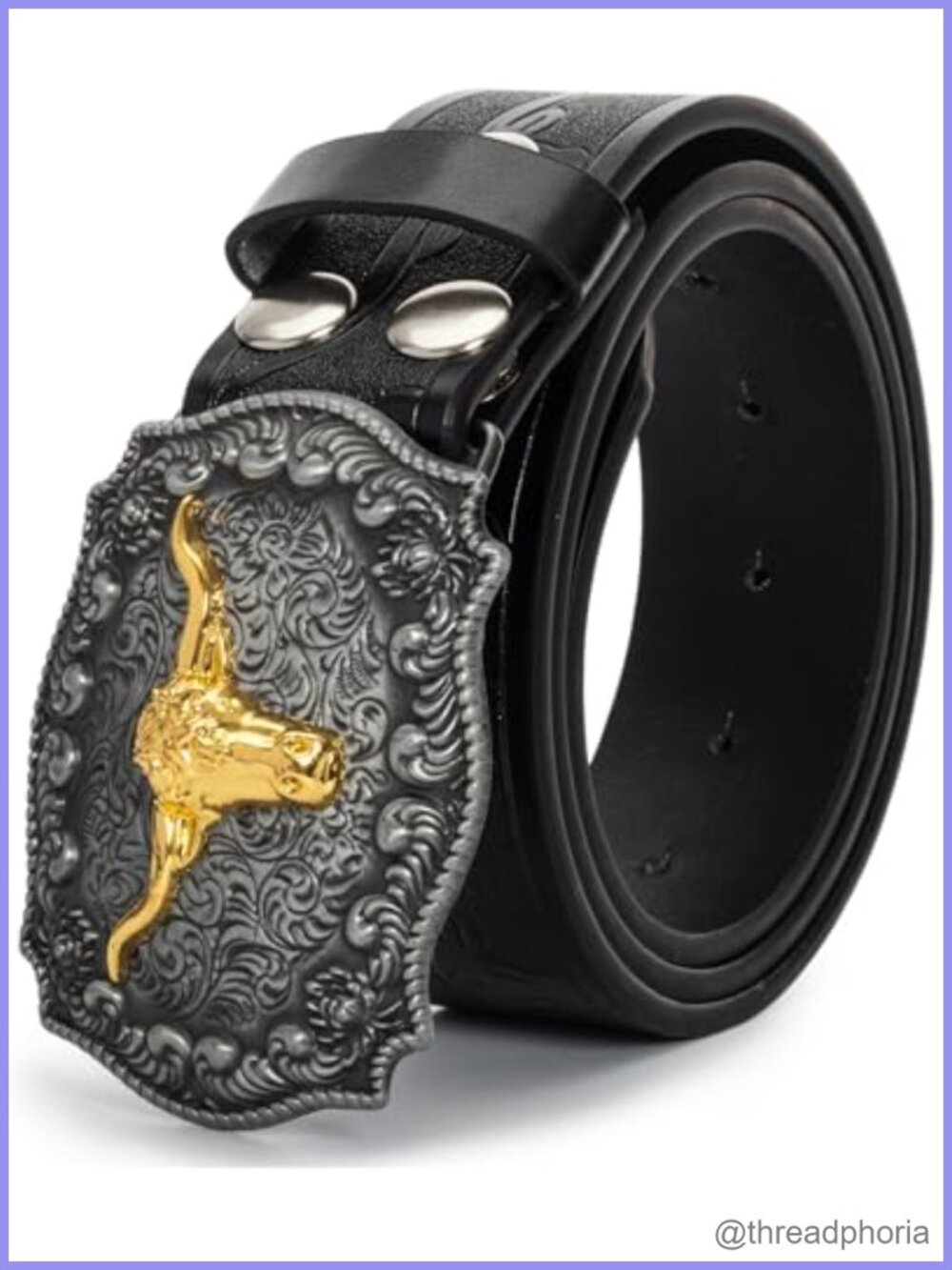 Western Cowboy Belt Faux Leather Floral Engraved Longhorn Bull Buckle 1.5"